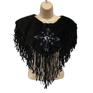 Vintage 70s Ricky Nell Black Genuine Suede Fringe‎ Collar Shawl OS Handpainted
